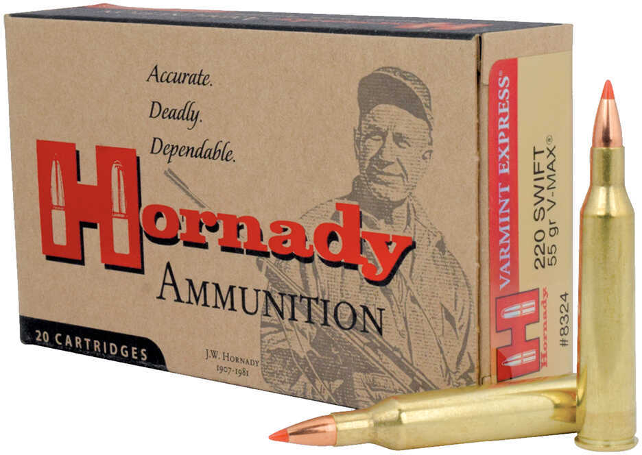 220 Swift Ammunition By Hornady Varmint Express, 55 Grain V-Max, 20 Per Box Md: 8324
