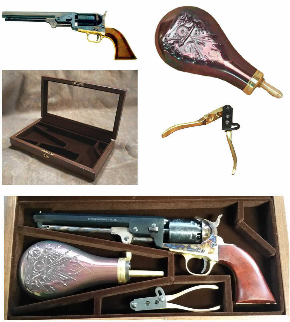 Case Set 1851 Navy Steel .36 Caliber Revolver 7-1/2" Octagonal Barrel with Powder Flask Bullet mold Walnut