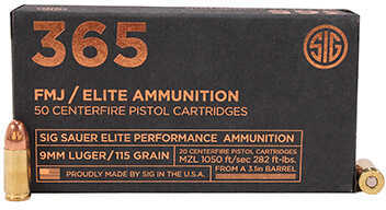 9mm Luger 115 Grain Full Metal Jacket 50 Rounds Sig Sauer Ammunition