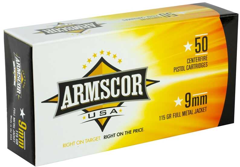 9mm Luger 115 Grain Full Metal Jacket 50 Rounds Armscor Ammunition