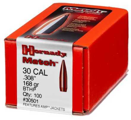 Hornady 30 Caliber .308 Diameter 168 Grain Boat Tail Hollow Point Match 100 Count