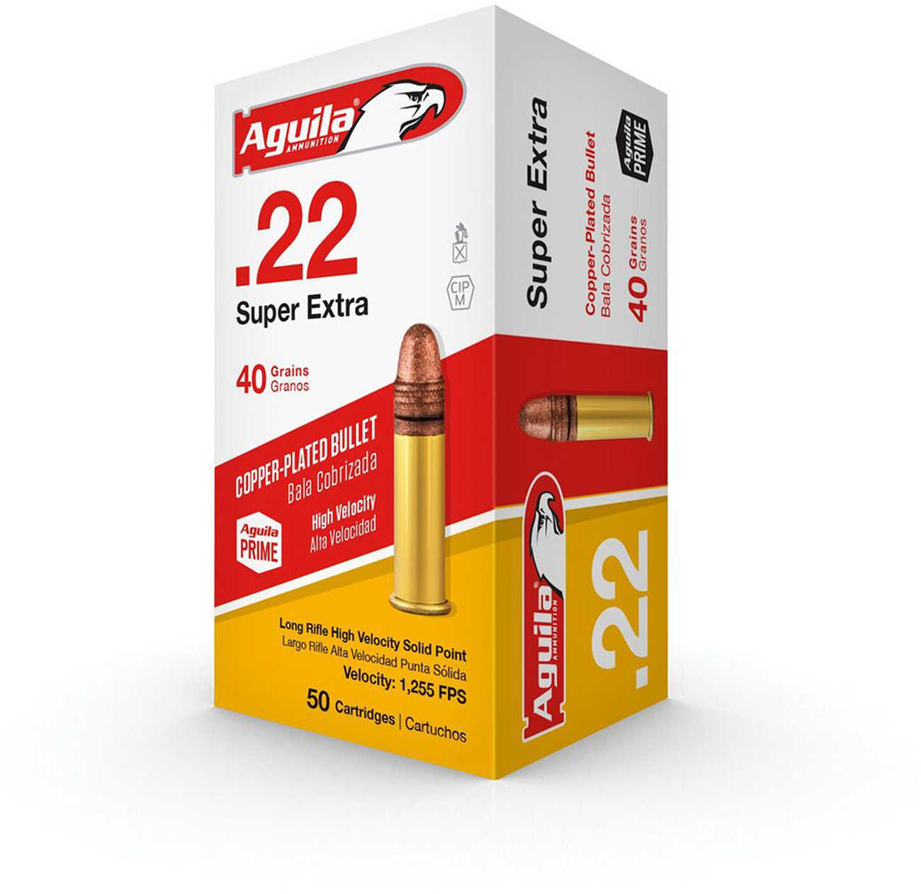 Link to Caliber: .22 LR - Weight: 40gr - Bullet: Copper-Plated Solid Point - Case: Brass - Velocity: 1255 fps - Qty: (50) Rounds per Box - KILL MORE BULL’S-EYES. - These high velocity rounds are perfect for target shooting or plinking and provide tight groupings. The copper-plated bullet provides excellent accuracy consistent performance and smooth cycling.