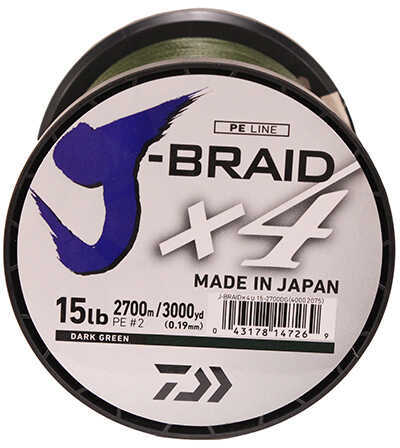 J-BRAID X4 LINE 15lb 3000yd DARK GREEN Model: JB4U15-3000DG