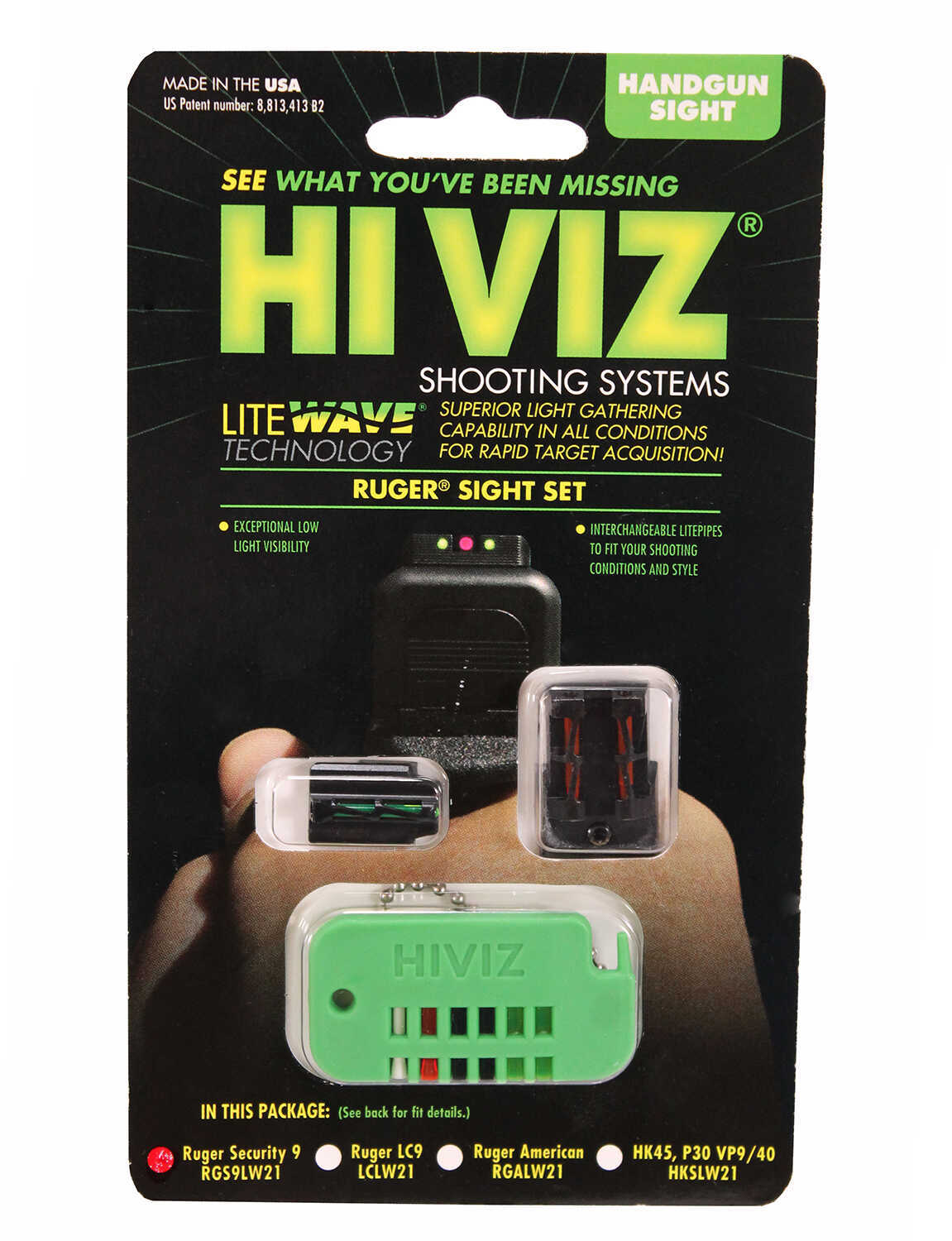 HiViz LiteWave Green, Red, Black, White LitePipe Fiber Optic Front & Rear Set For Ruger Security-9