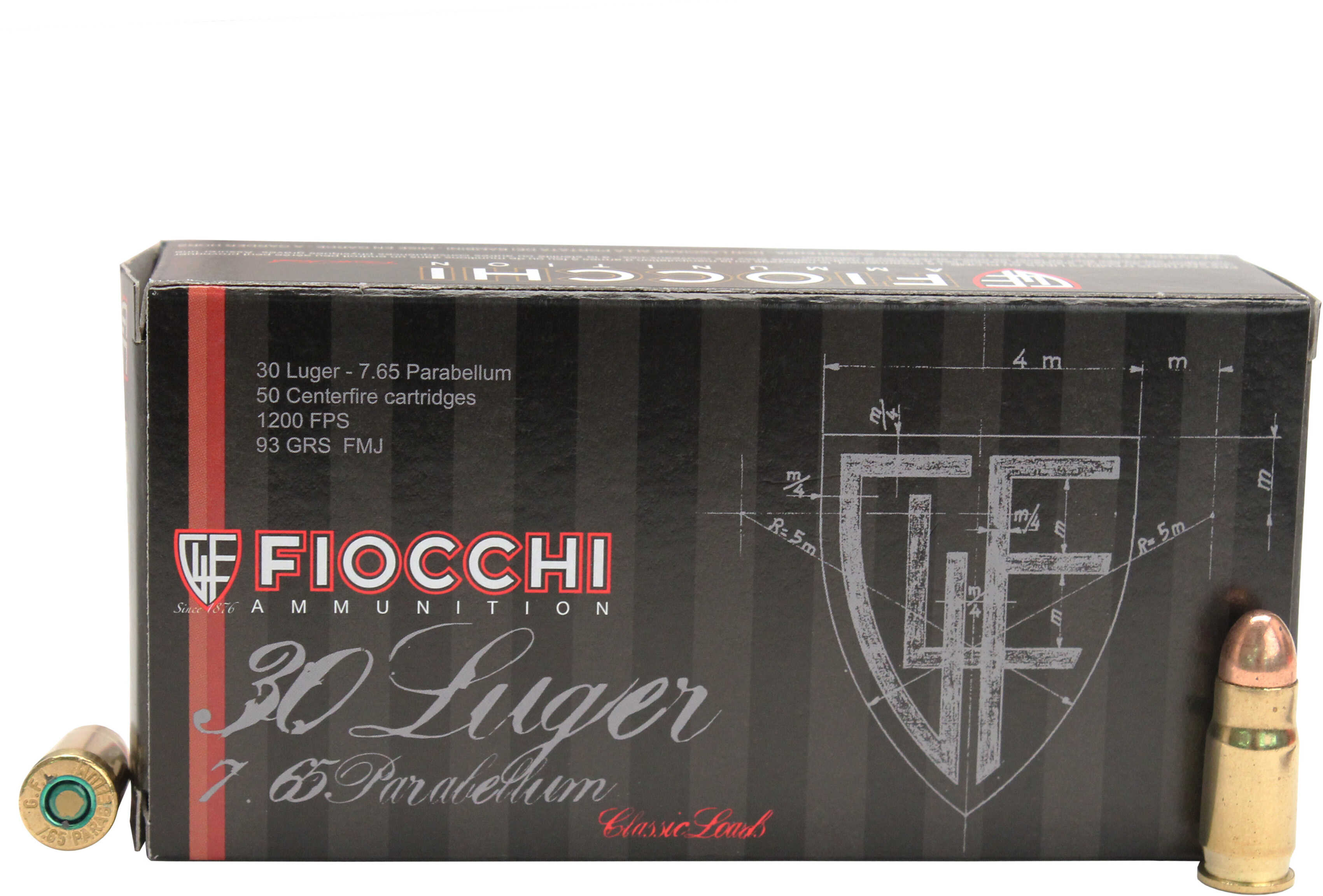 30 Luger 93 Grain Full Metal Jacket 50 Rounds Fiocchi Ammunition