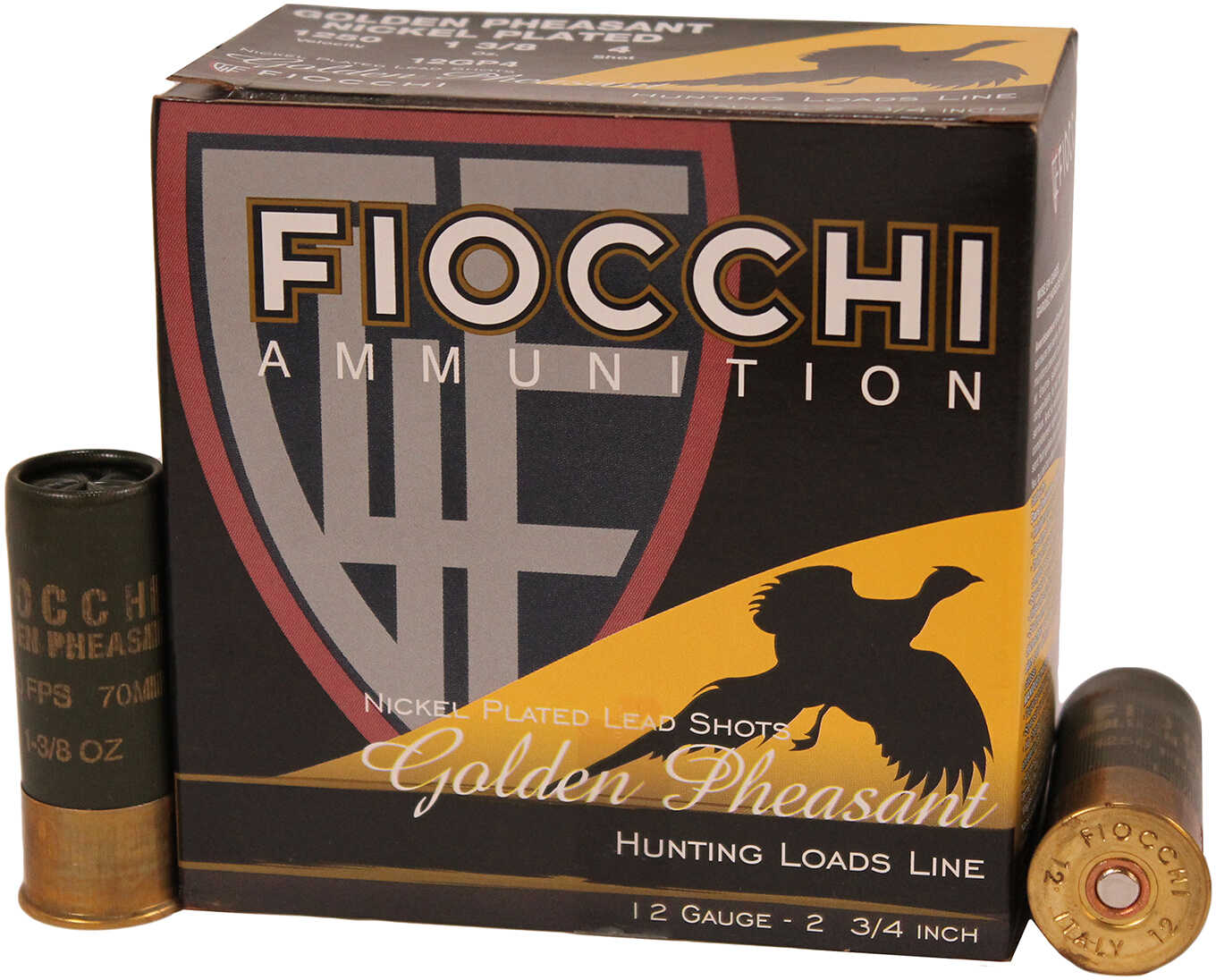 12 Gauge 2-3/4" Nickel-Plated Lead #4  1-3/8 oz 25 Rounds Fiocchi Shotgun Ammunition