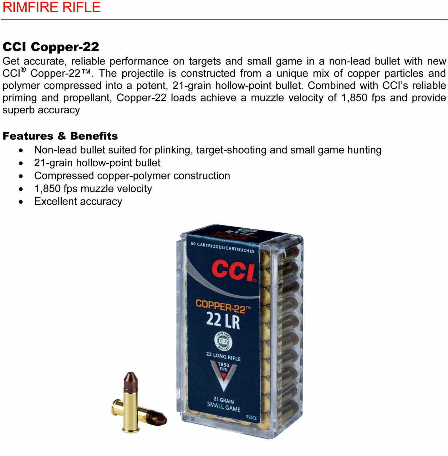 22 Long Rifle 21 Grain Copper 50 Rounds CCI Ammunition