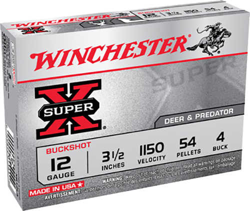 12 Gauge 3 1/2" 5 Rounds Ammunition Winchester 54 Pellets  Lead #4 Buck