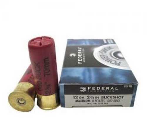 12 Gauge 2-3/4" Lead 000 Buck  8 Pellets 5 Rounds Federal Shotgun Ammunition