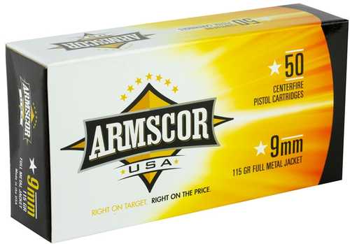 9mm Luger 115 Grain Full Metal Jacket 50 Rounds Armscor Ammunition