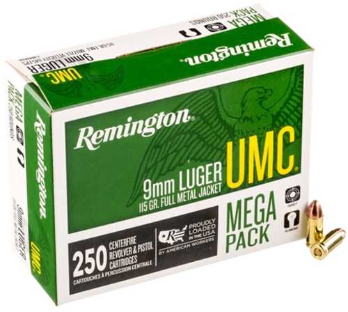 9mm Luger 115 Grain Full Metal Jacket 250 Rounds Remington Ammunition