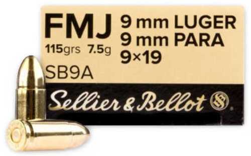 Sellier & Bellot SB9A Handgun 9mm Luger 115 gr Full Metal Jacket (FMJ) Ammo 50 Rounds Per Box