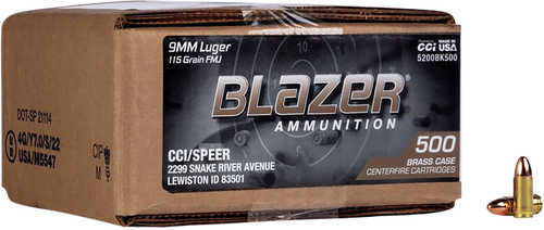 CCI 5200Bk500 Blazer Brass 9mm Full Metal Jacket (FMJ) 500 Per Box/ 1 Cs