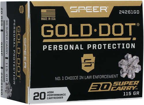 Speer Gold Dot Personal Protection 30 Super Carry 115 gr 1150 fps Hollow Point (HP) Ammo 20 Round Box