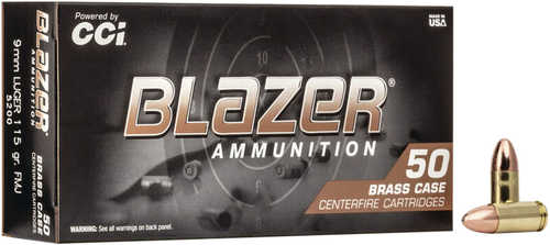 CCI Blazer Brass 9mm Luger 115 gr Full Metal Jacket Ammo 50 Rounds Per Box