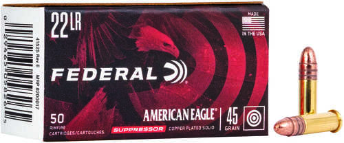 Federal American Eagle Suppressor 22 LR 45 gr 970 fps Copper Plated Round Nose Ammo 50 Round Box