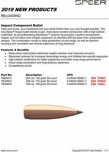 Speer Bullets TB308H2 Impact 30 Caliber .308 190 Gr Slipstream Polymer Tip 50 Box