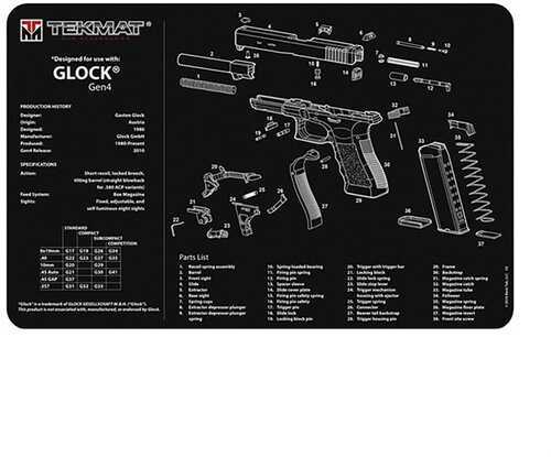 TekMat TEKR17GLOCKG4 Black/White Rubber 17" Long 11" X 17" Glock Gen4 Parts Diagram Illustration