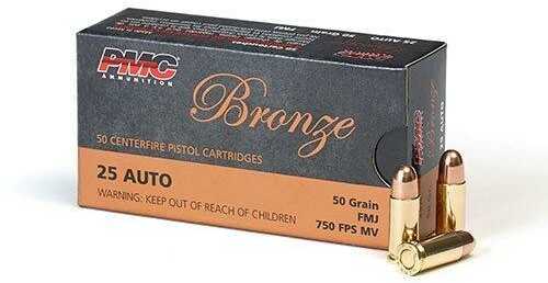 PMC Bronze Handgun Ammunition .25 ACP 50 Gr FMJ 750 Fps 50/Box