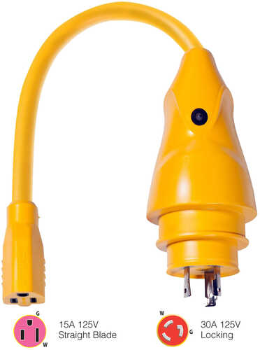 Marinco P30-15 EEL 15A-125V Female to 30A-125V Male Pigtail Adapter - Yellow