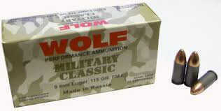 9mm Luger 115 Grain Full Metal Jacket 50 Rounds Wolf Ammunition