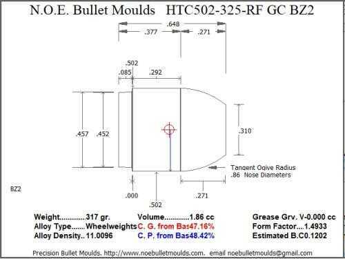 Bullet Mold 4 Cavity Aluminum .502 caliber Gas Check 325gr with Flat nose profile type. Designed for Powder coa