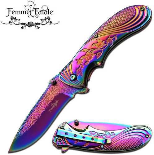 Femme Fatale Assisted 3.0 in Blade Rainbow Stainless Handle