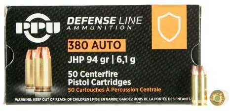 PPU PPD380A Defense 380 ACP 94 gr Jacket Hollow Point 50 Rounds Per Box