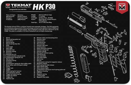 TekMat Orginal Mat H&K P30 Cleaning Mat Thermoplastic Surface Protects Gun From Scratching 1/8" Thick 11"x17" Tube Packa