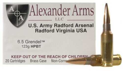 6.5 Grendel 123 Grain Hollow Point Boat Tail 20 Rounds Alexander Arms Ammunition