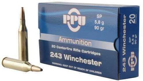 PPU Standard Rifle 243 Win 90 gr 3100 fps Soft Point (SP) Ammo 20 Round Box