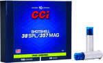 Link to 38 Special/357 Mag Shotshell 10 Rounds by CCI AMMUNITIONCCI Shotshell ammo includes: Rigid plastic shot capsules that breaks on the rifling Flexible base wad prevents gas blow-by Reliable CCI primers Residue removes with normal cleaning methods Reusable and 10-round pocket packs Muzzle Velocity 1000 fps PLEASE READ THE FOLLOWING WARNING FROM CCI: DO NOT RELOAD THESE CARTRIDGE CASES. These cartridge cases are marked NR (Not Reloadable). Rupture of reloaded cases can cause severe injury. Do not us