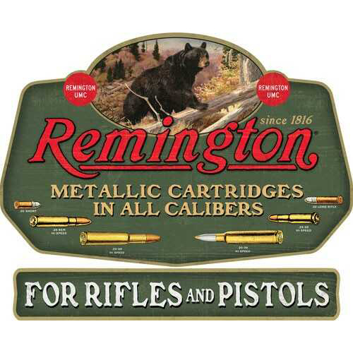 Open Road BRANDS Linked EMB Tin Sign Remington Bear/Bullet