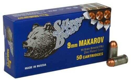 9mm Makarov 94 Grain Full Metal Jacket 50 Rounds Silver Bear Ammunition